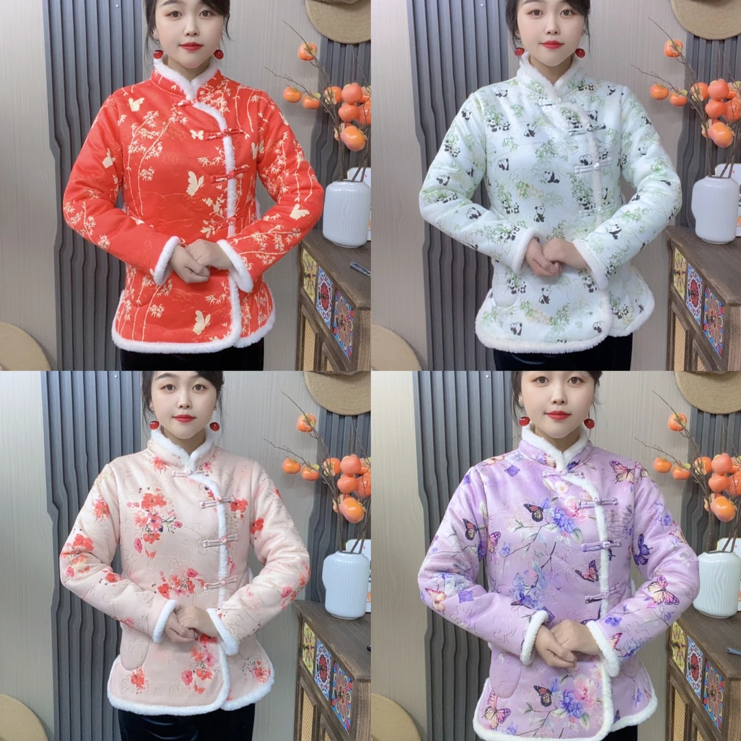 冬季中式中国风加绒复古棉衣民族风加厚保暖棉袄女士显瘦拜年服