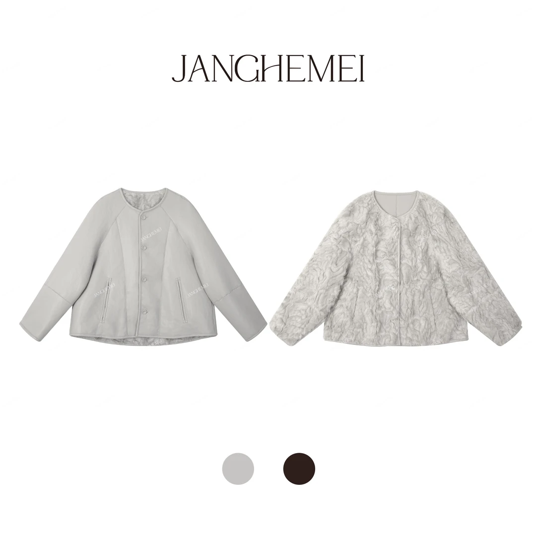 JANGHEMEI【淡妆浓抹】双面穿圆领排扣宽松长袖皮毛外套W27339M44