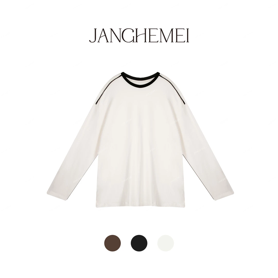 JANGHEMEI【线性tee】圆领撞色宽松长袖休闲百搭T恤 T27205M44