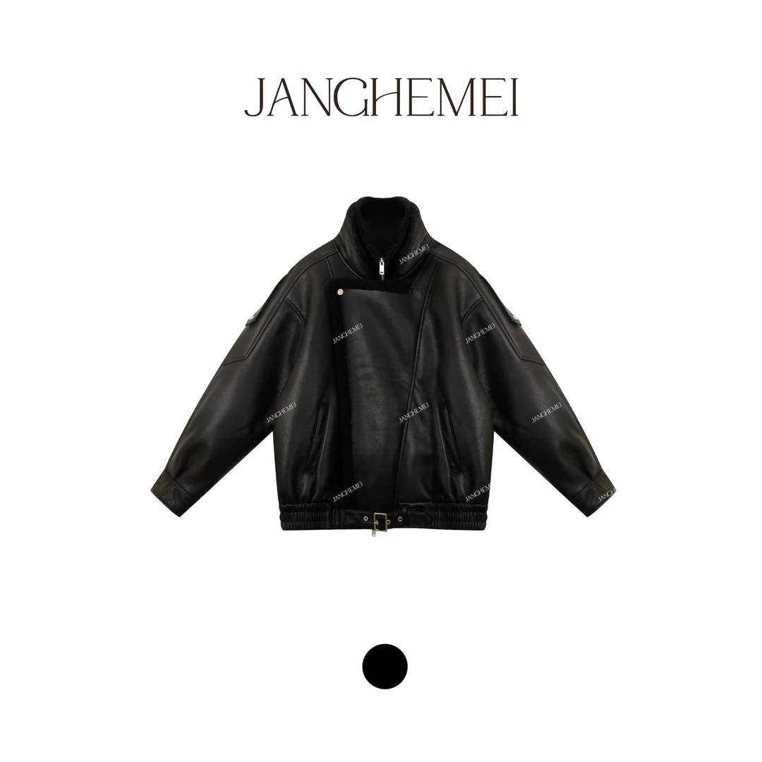 JANGHEMEI【雅痞】拼接双层宽松酷飒长袖立领皮衣 P26122M43