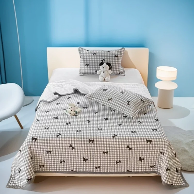 【格子蝴蝶结】母婴级A类绗缝床盖三层牛奶绒加厚加密枕套