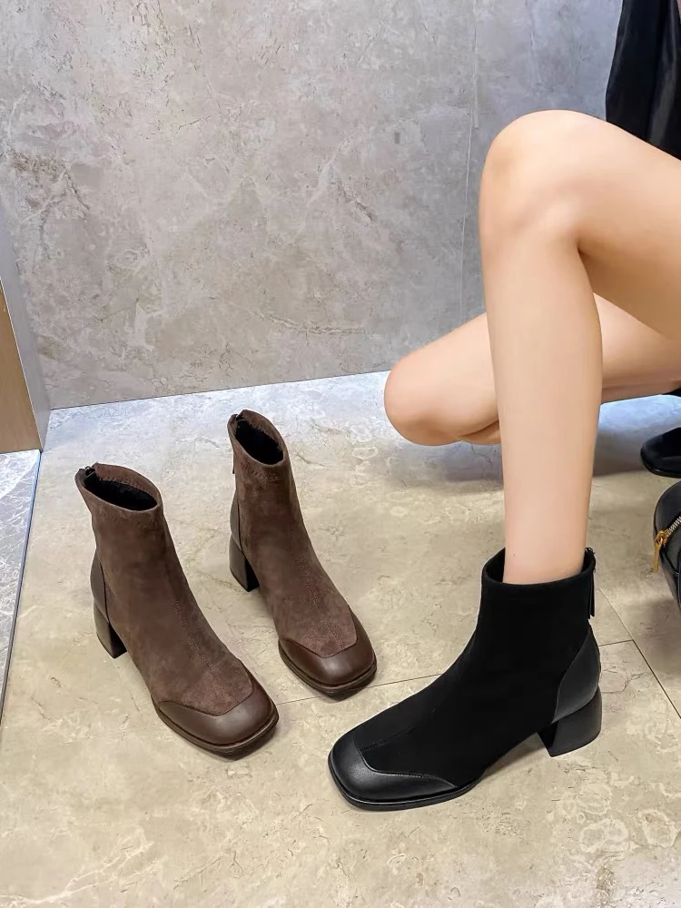 新疆【4.5厘米】2025年女中跟瘦瘦靴绒面马丁靴高跟鞋女570b