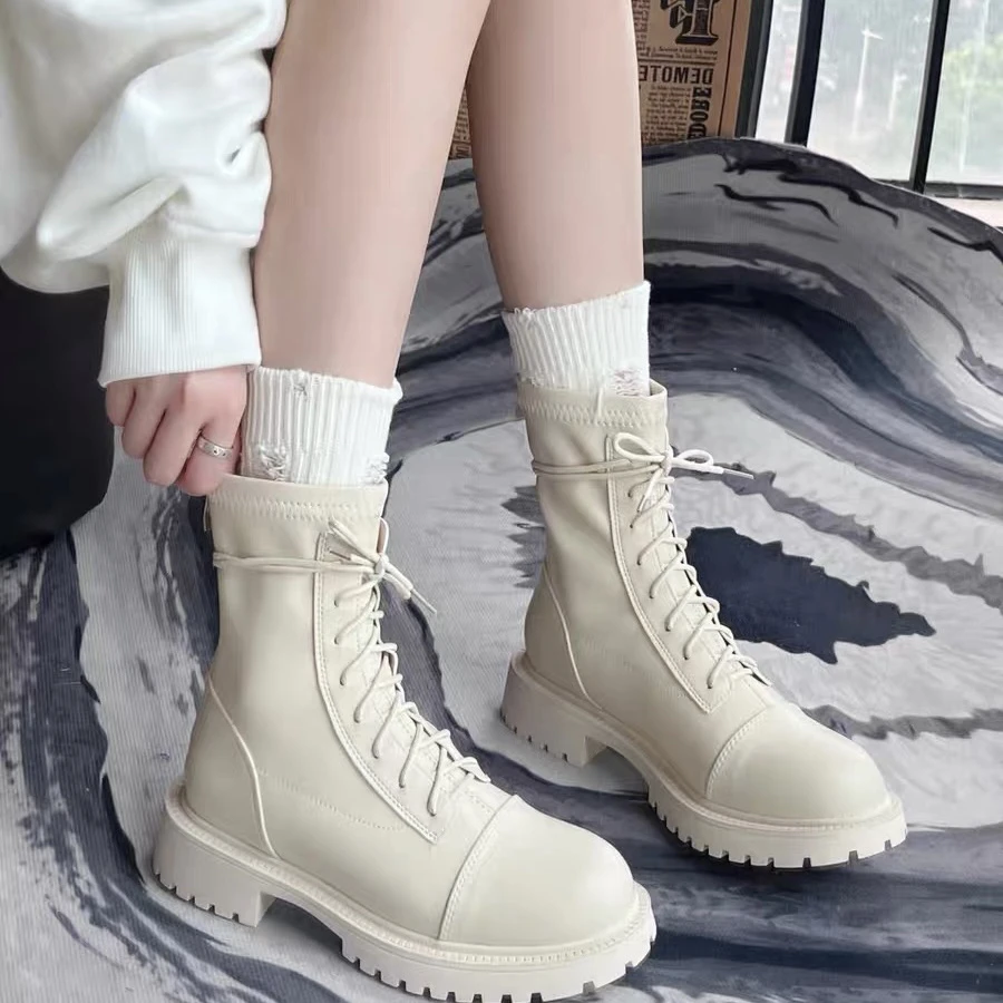 新疆【4厘米】白色马丁靴女2024秋季新款系带弹力英伦风短靴3307