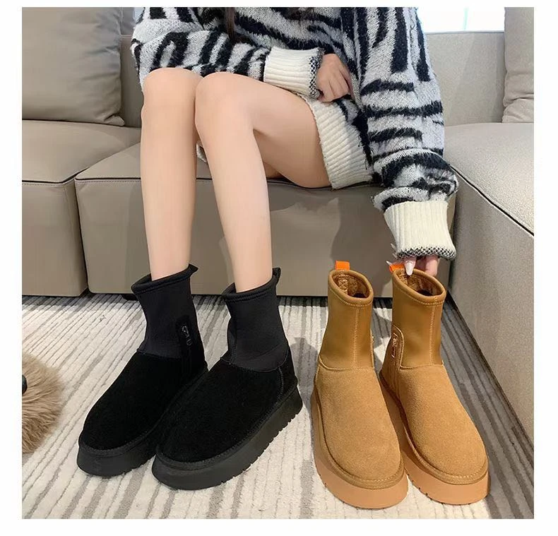 新疆（4厘米）新款加绒保暖拼接雪地靴棉靴磨砂厚底面包短靴028