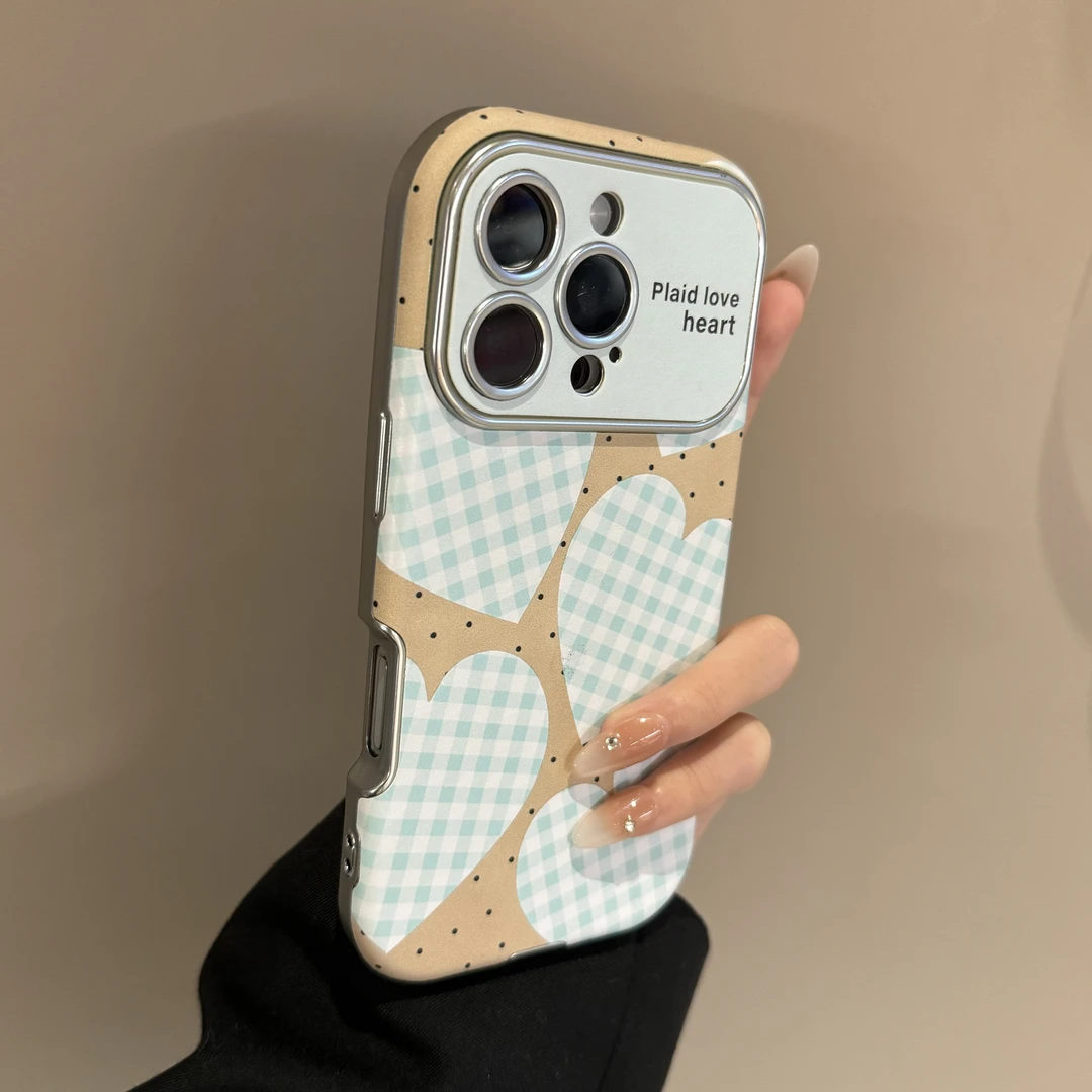 新款黄底绿格纹爱心适用苹果16promax防摔15支架iPhone14手机壳13