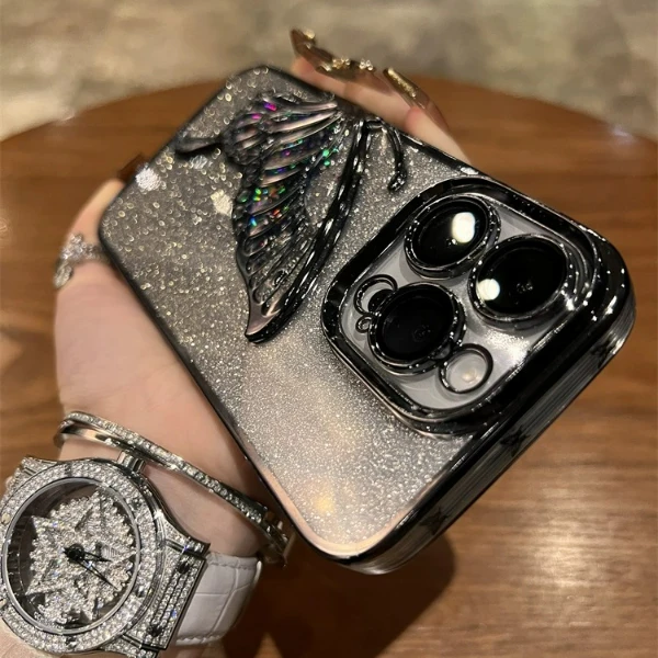 适用苹15Promax手机壳iPhone14唯美闪粉流沙蝴蝶13网红12女11软壳