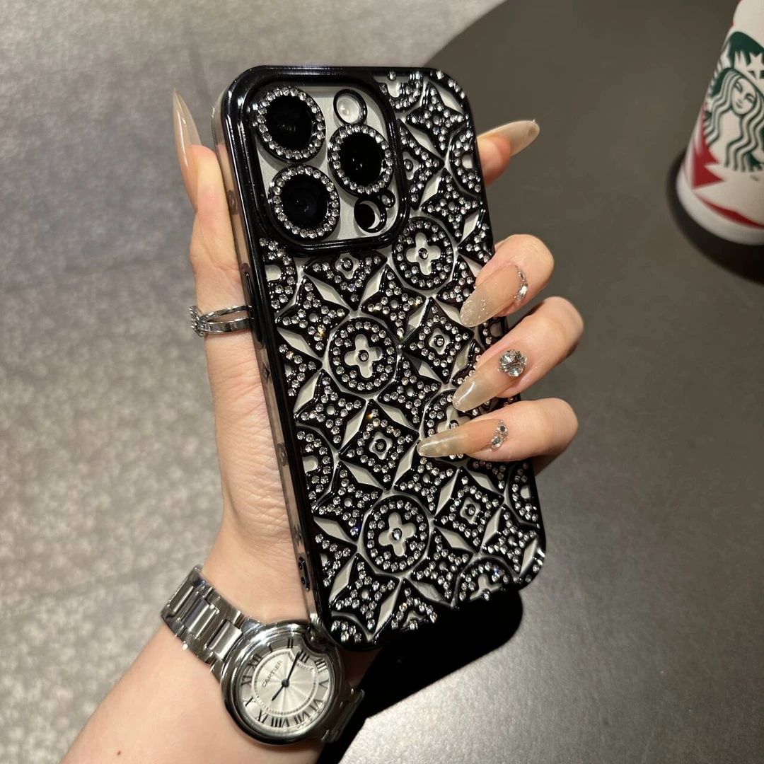 轻奢时尚镶钻闪粉适用iPhone15Promax苹果13手机壳全包11/12防摔