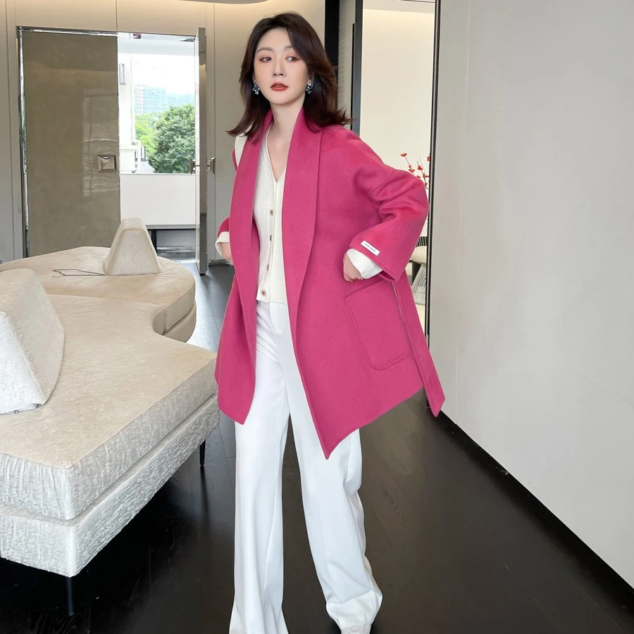 颜色超显白！新款秋冬双面羊毛呢子大衣女中高贵气质玫红色毛呢子