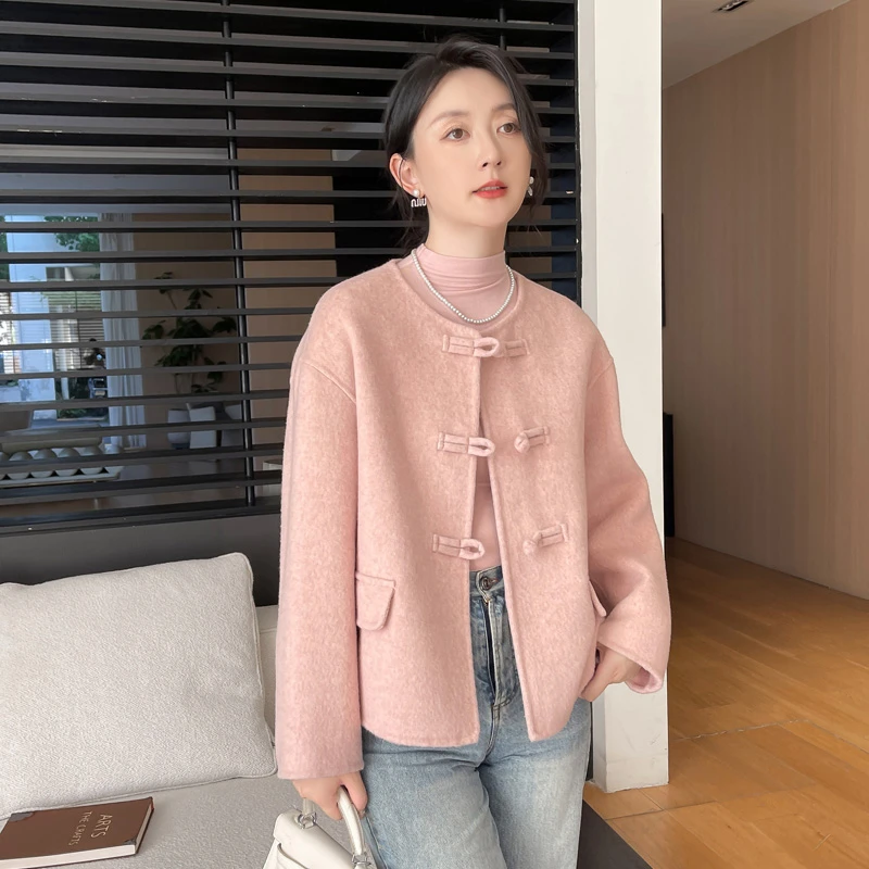 2024秋冬季新款粉色新中式国风双面羊毛大衣女短款小个子毛呢外套