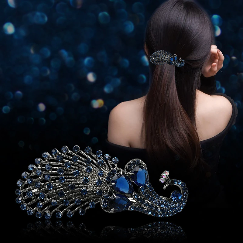 孔雀弹簧夹后脑勺半扎发卡盘发顶夹气质时尚复古发夹一字夹百搭