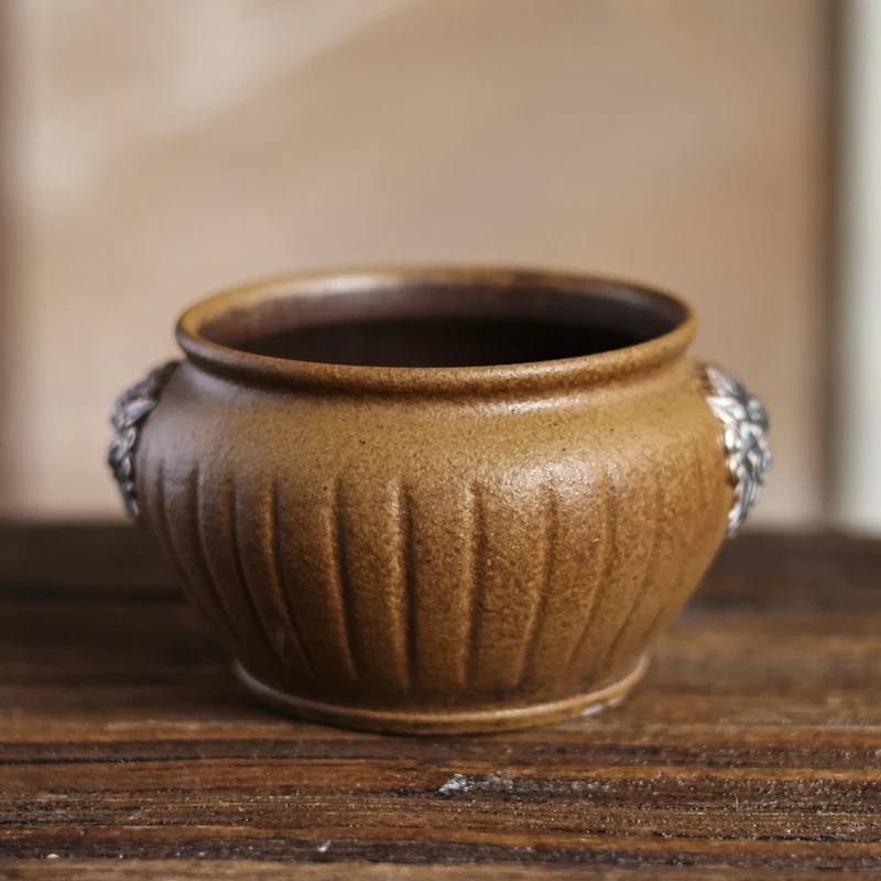 【小田甄陶】酱釉-灰念-狮首建水-口径10CM高8CM容量380CC（Q2837）