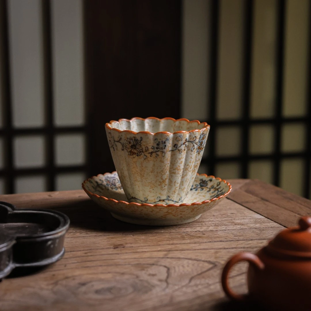 【小田甄陶】焦糖-熹谷言物-菊瓣咖啡杯 一杯一碟（谷0062）