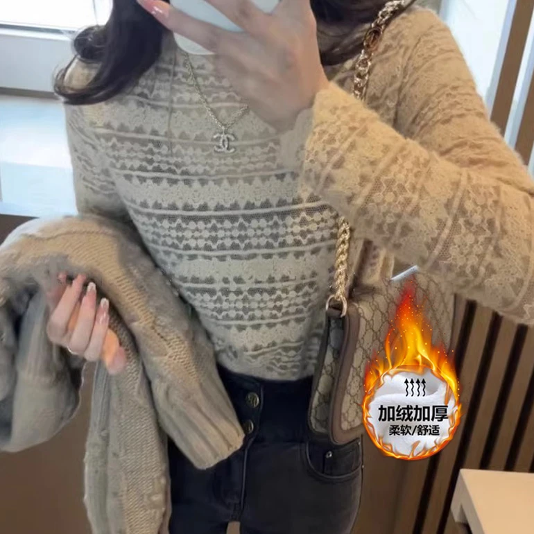 2025秋冬季加绒加厚半高领高档蕾丝衫打底衫名媛百搭套头上衣服潮