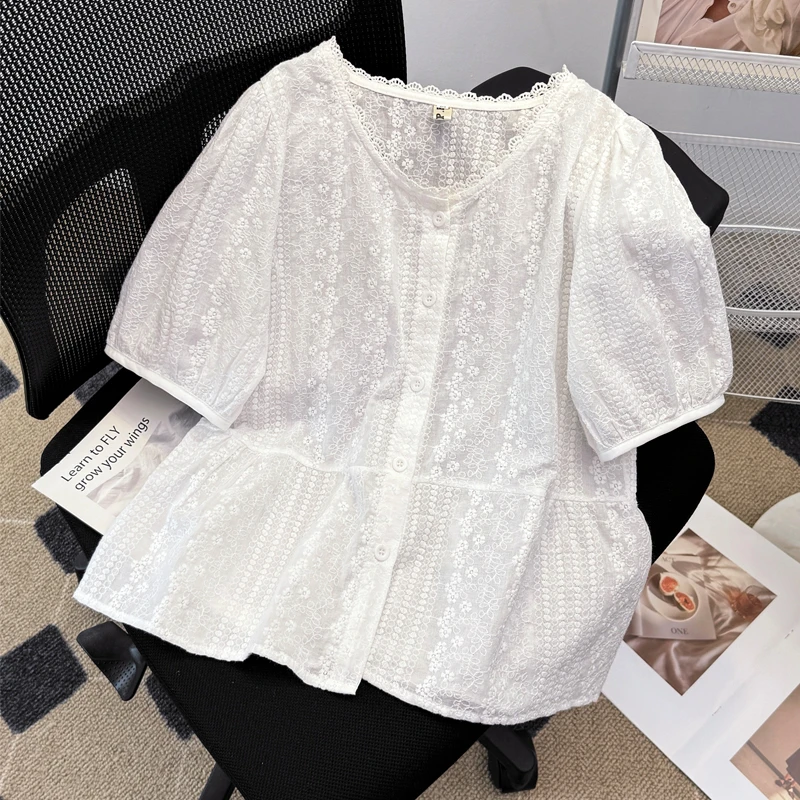 法式白色蕾丝衬衫女士夏季2024新款泡泡短袖收腰显瘦娃娃衫上衣潮