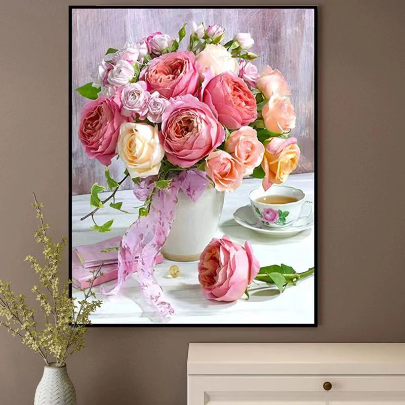 玫瑰花瓶十字绣新款客厅中式玄关55色满绣无勾边