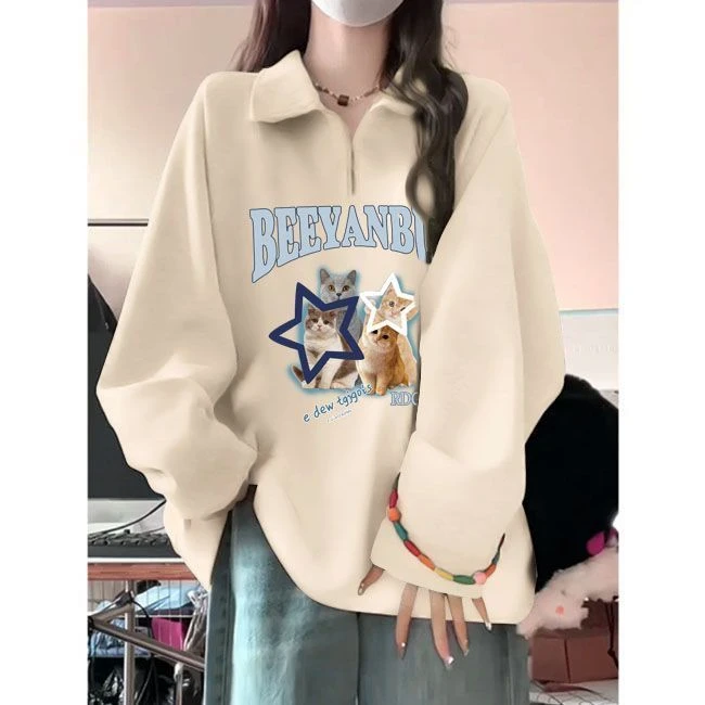 女款气质服装秋冬季美式半拉链polo领宽松新款卫衣女银狐绒上衣潮