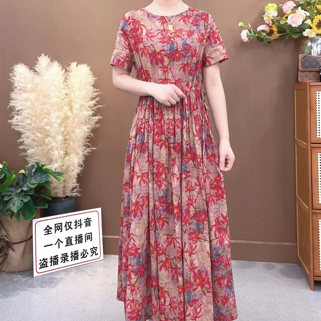 玉兰花大摆裙2024夏季短袖圆领连衣裙女收腰显瘦气质夏天度假长裙
