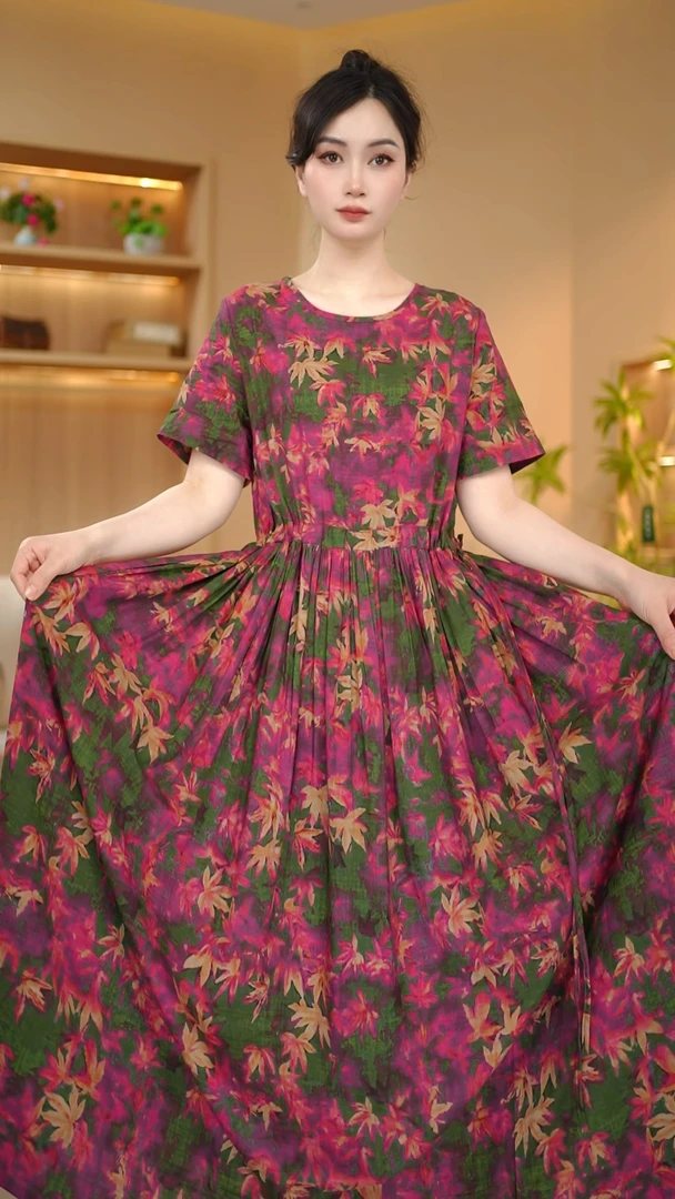 紫红枫叶大摆裙2024夏季圆领短袖连衣裙女口袋收腰显瘦气质长裙子