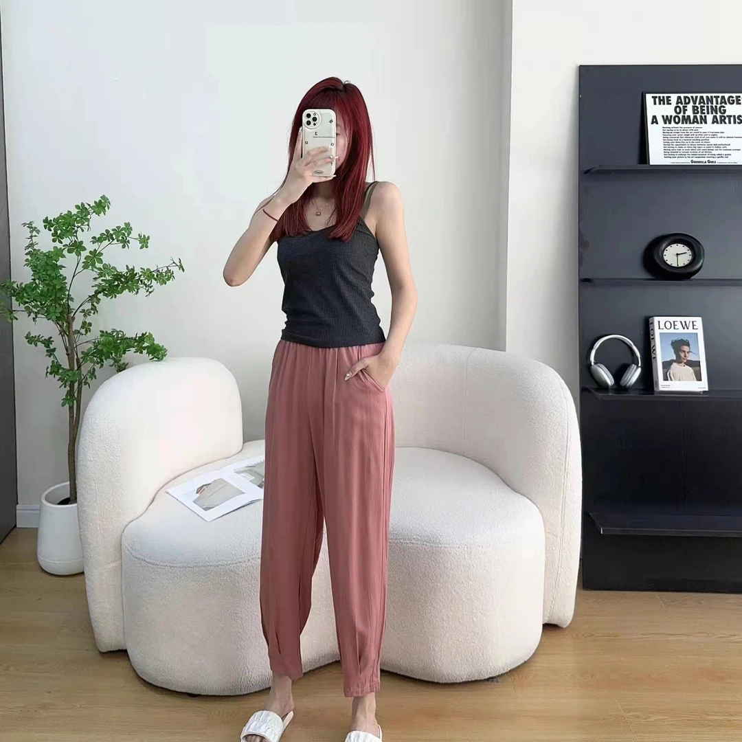 夏季新款高织棉绸小脚裤休闲气质百搭女士薄款宽松纯色