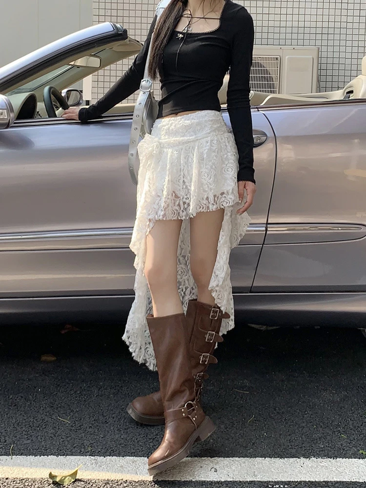 不规则白色蕾丝半身裙女法式白色蛋糕裙小众设计感高腰中长款裙子