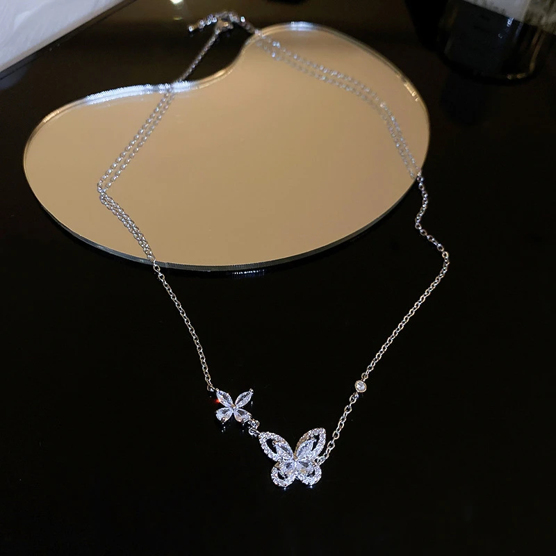 钛钢合成锆石项链 时尚百搭小众ins设计感双蝴蝶项链