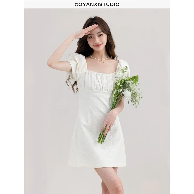 【欧阳喜OYANXI】山花烂漫时女新款方领泡泡袖收腰短裙甜美连衣裙