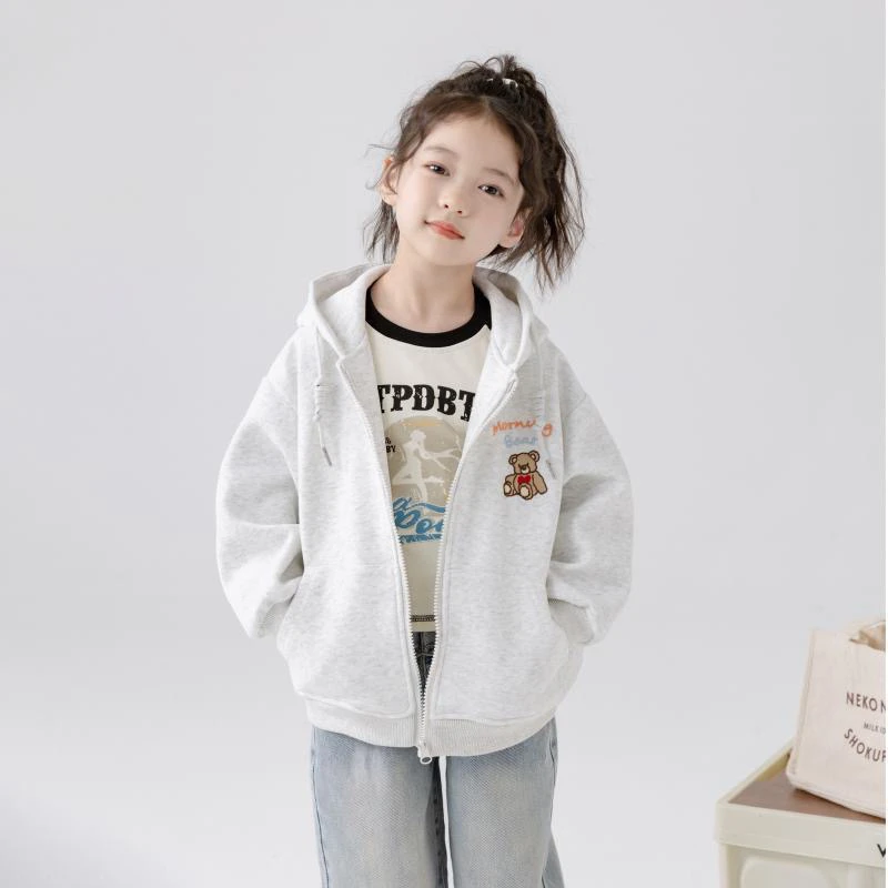 女童春秋季新款纯棉休闲外套中大童时尚洋气卡通连帽开衫上衣潮装