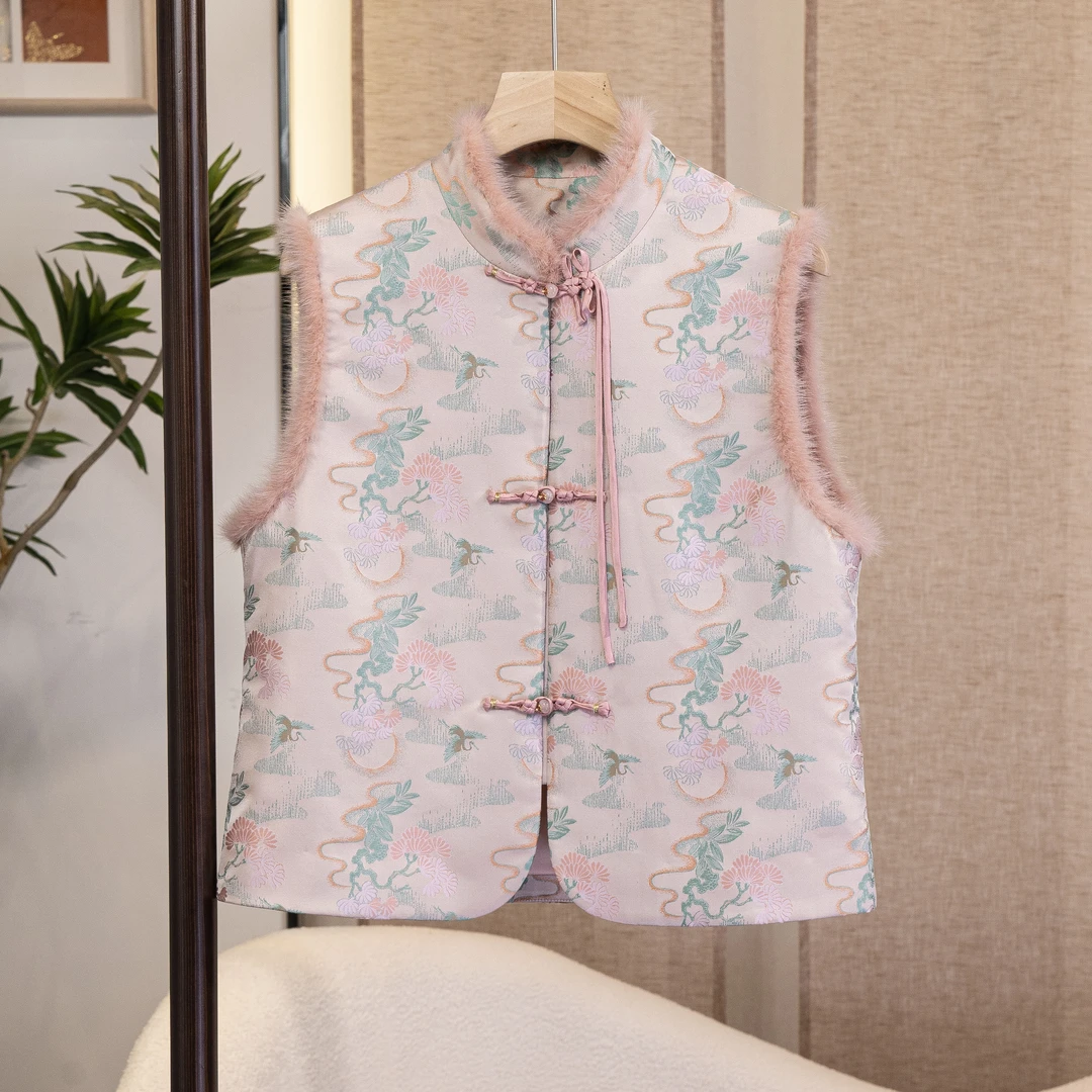 【松间鹤】国潮中式重磅桑蚕丝宋锦水貂毛对襟棉服无袖马甲6443023