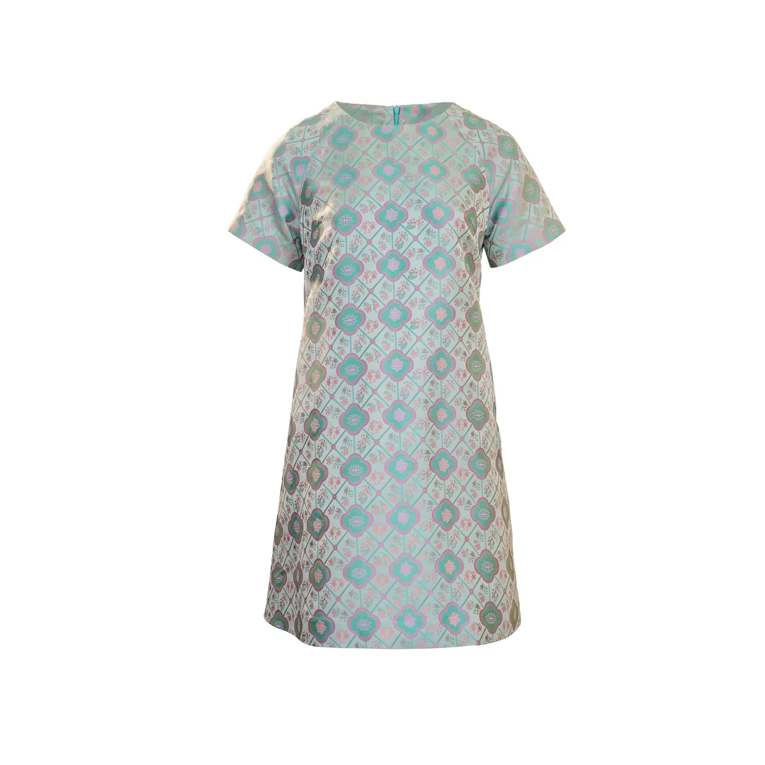 【四合如意莲】钇冰·新中式桑蚕丝四合如意纹圆领短袖连衣裙6425006