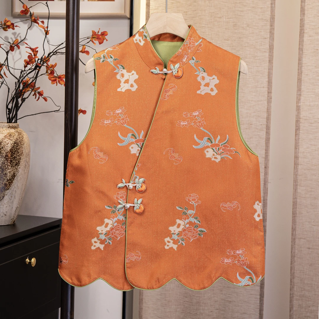 【山石牡丹】国潮中式重磅桑蚕丝宋锦斜襟花边下摆无袖马甲6431434