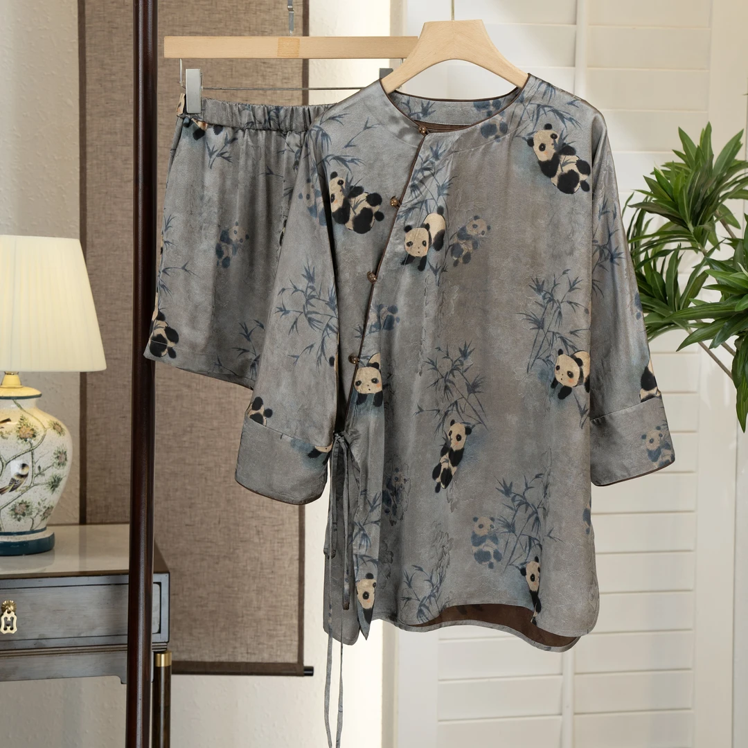 【熊猫报竹】国潮中式小熊猫印花斜襟百搭套装6430081+6430092