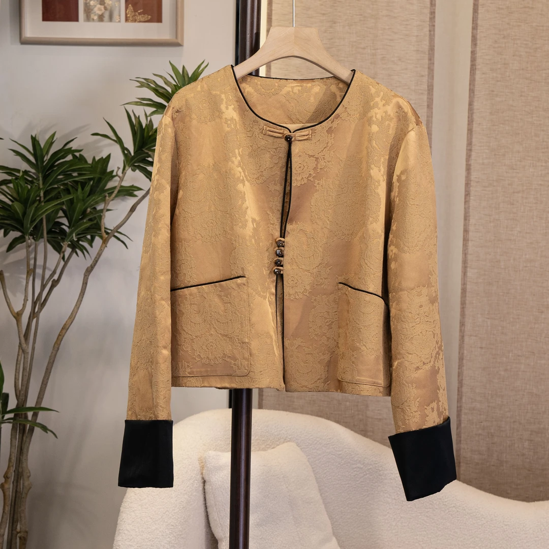 国潮新中式重磅进口人丝提花拼色长袖气质百搭保暖外套6442815