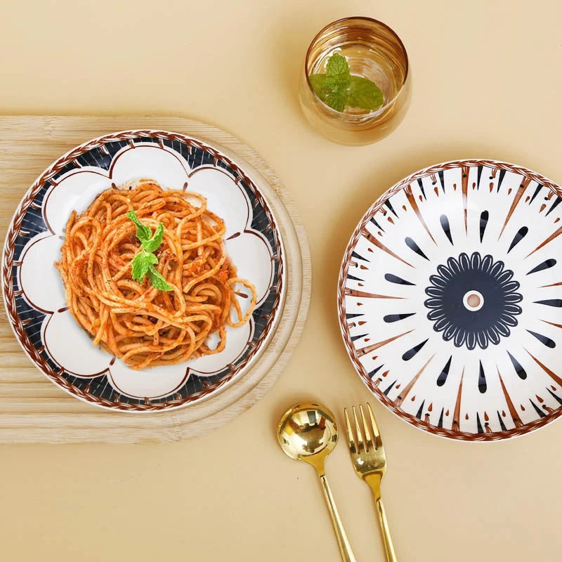 【主播宠粉】6只装8英寸蝶花家用菜盘藤编盘复古盘陶瓷餐具加厚深盘