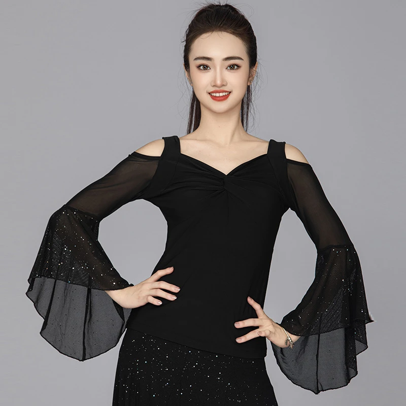 摩登舞上衣新款交际舞服长袖女士国标舞练功服广场舞交谊舞舞蹈服
