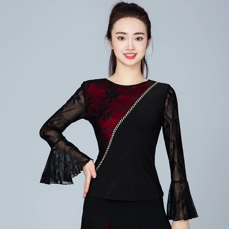 摩登舞上衣新款舞蹈服长袖秋冬季修身显瘦广场舞舞衣女士交谊舞服