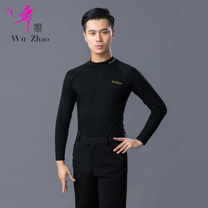 拉丁舞上衣男黑色新款交谊舞服半高领长袖跳舞T恤男士广场舞蹈服