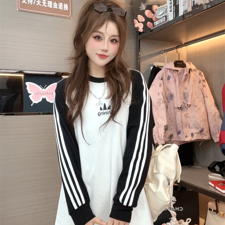 重磅磨毛春秋长袖遮屁股t恤打底衫女磨毛秋冬叠穿显瘦三条杠上衣