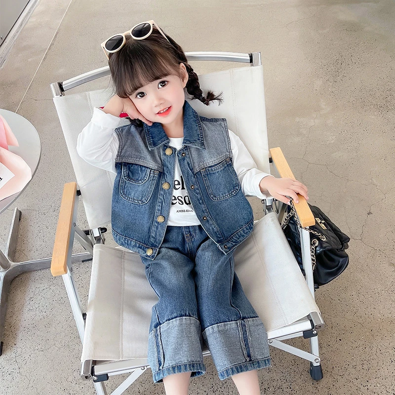 女童秋装套装2025新款时髦洋气儿童牛仔马甲春秋女宝宝休闲两件套