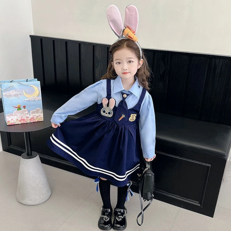 女童裙子秋季2024新款儿童洋气韩版假两件兔子连衣裙女宝宝学院风