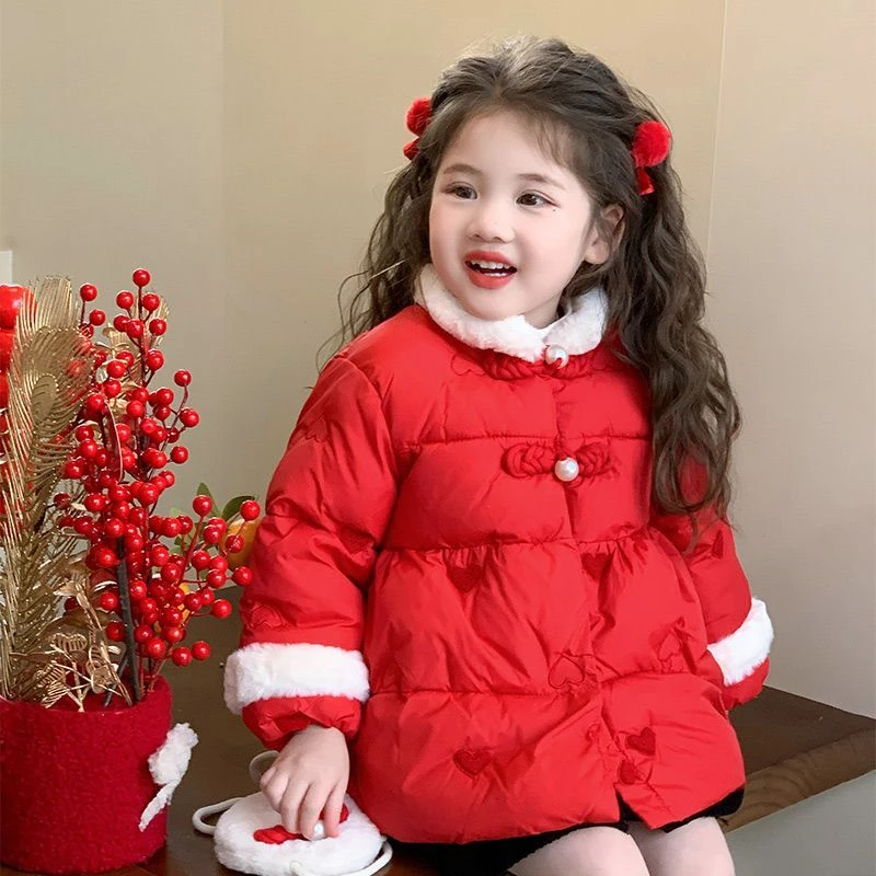 女童冬装棉服加绒2024新款洋气儿童棉袄女宝宝红色喜庆拜年服棉衣