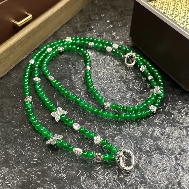 铜合金项链 复古绿色串珠手机斜挎项链-32514