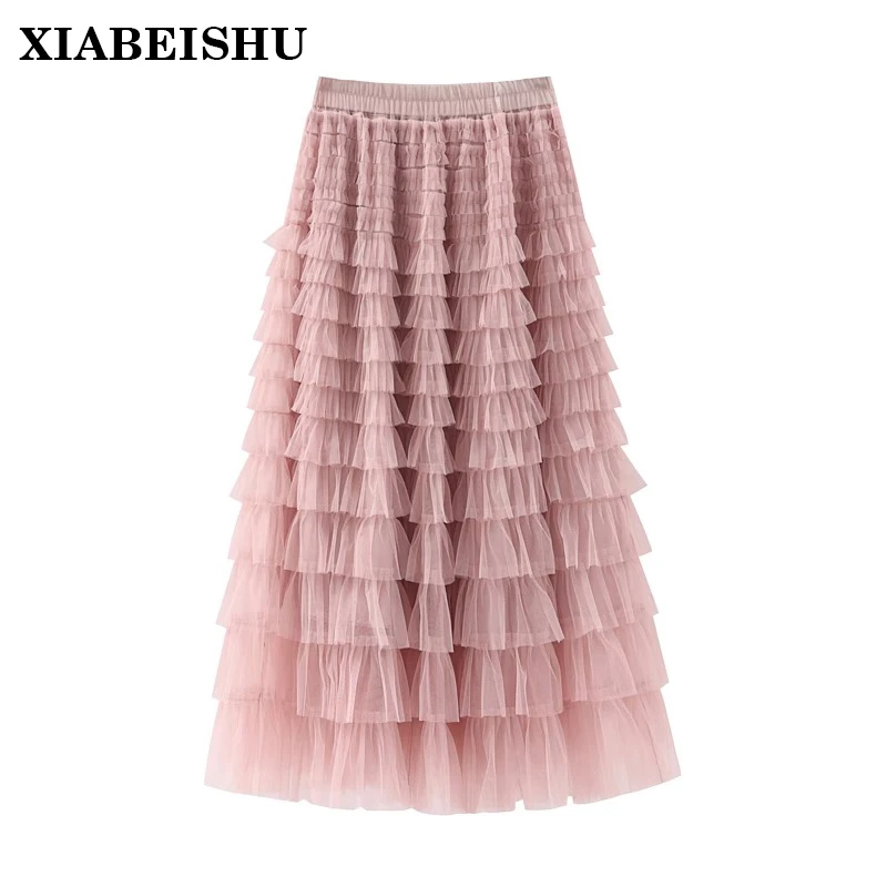 XIABEISHU 粉色蛋糕裙网纱半身裙女夏季层层纱裙长款高腰蓬蓬裙