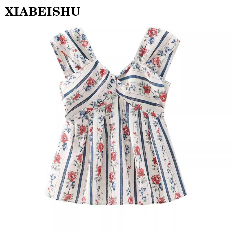 XIABEISHU法式设计感无袖碎花衬衫女夏季复古别致绝美上衣