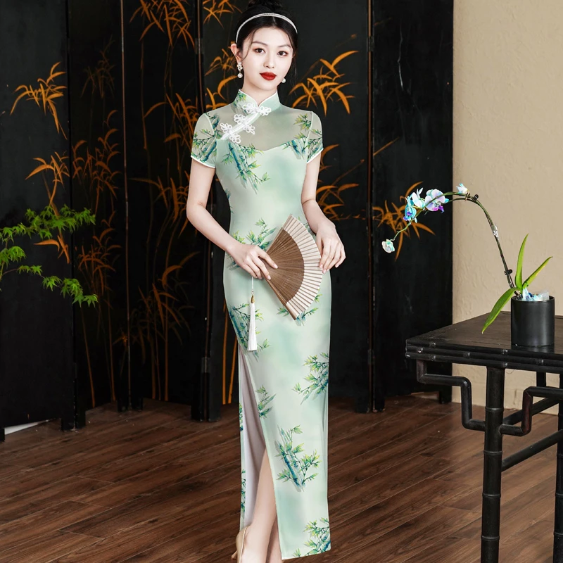 新款网纱旗袍日常夏季走秀弹力显瘦修身新中式优雅长款高开叉复古