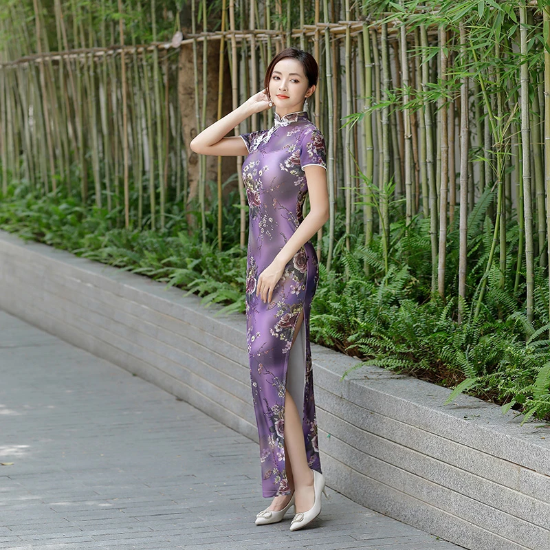 秀色梦舞75中国风旗袍大码时尚春夏走秀印花双层优雅气质连衣裙女