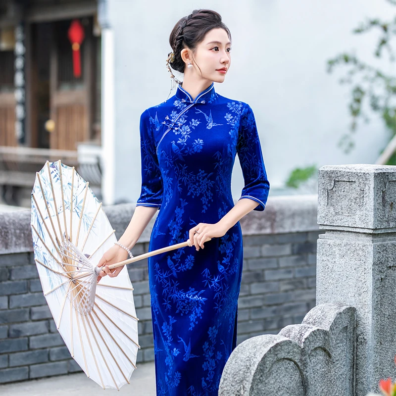 秀色梦舞金丝绒旗袍新中式走秀日常优雅高贵气质遮肉修身高弹力