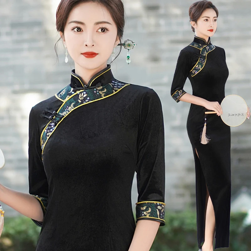 秀色梦舞101珍珠黑中国风旗袍网红日常高贵气质金丝绒连衣裙
