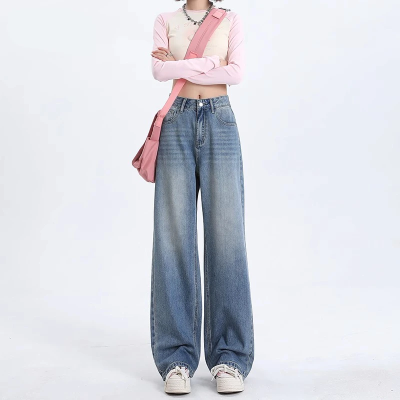 窄版直筒牛仔裤女夏宽松高腰显瘦阔腿裤垂感复古百搭显瘦拖地裤子