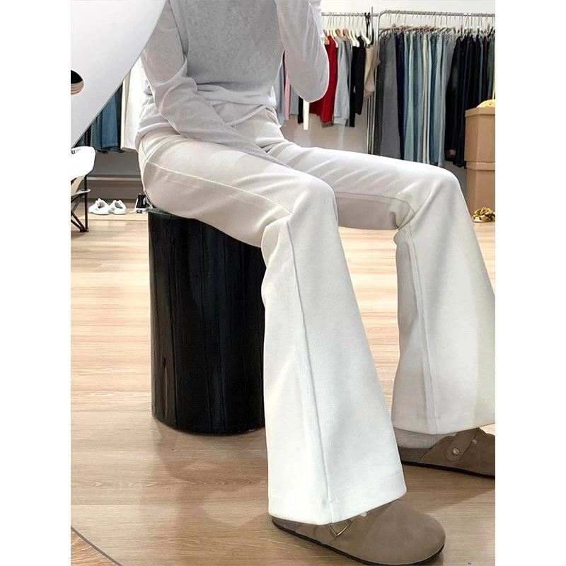 杏色灯芯绒高腰微喇叭休闲裤女2024冬季新款修身显瘦拖地长裤