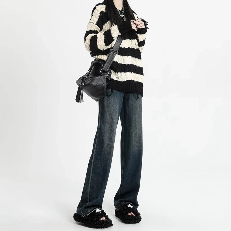 深蓝色窄版阔腿牛仔裤女春季2024新款宽松直筒垂感口袋拖地小个子